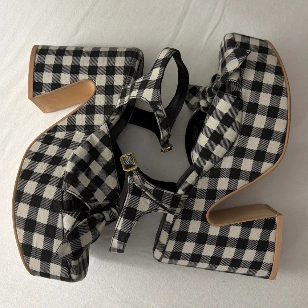 Seychelles New American Black White Gingham Platform Sandals Bow Block Heel 10